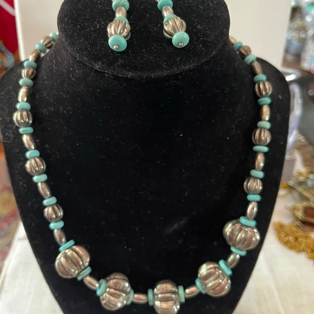 Silver and Turquoise Beaded Necklace and Earring Set vintage